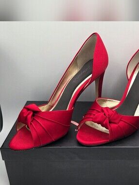 Nina Shoes Red Satin Knot Peep-Toe Stilettos